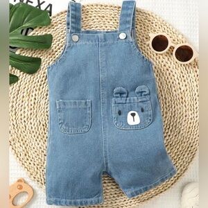 SHEIN Kids Blue Overalls with Bear Pocket
